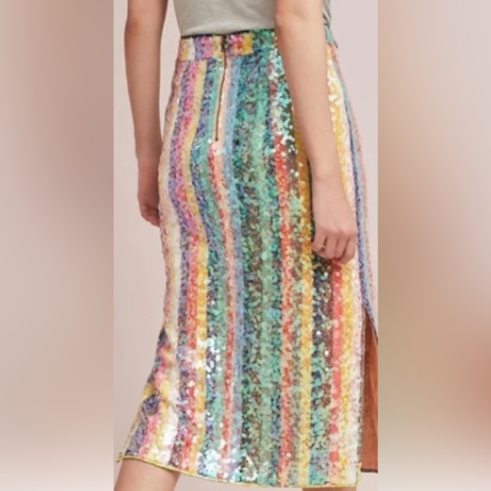 Maeve Sequin Paillette Stripes Rainbow Midi Pencil Skirt M 6